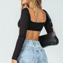 Top Cropped Decote Reto Manga Longa Preto