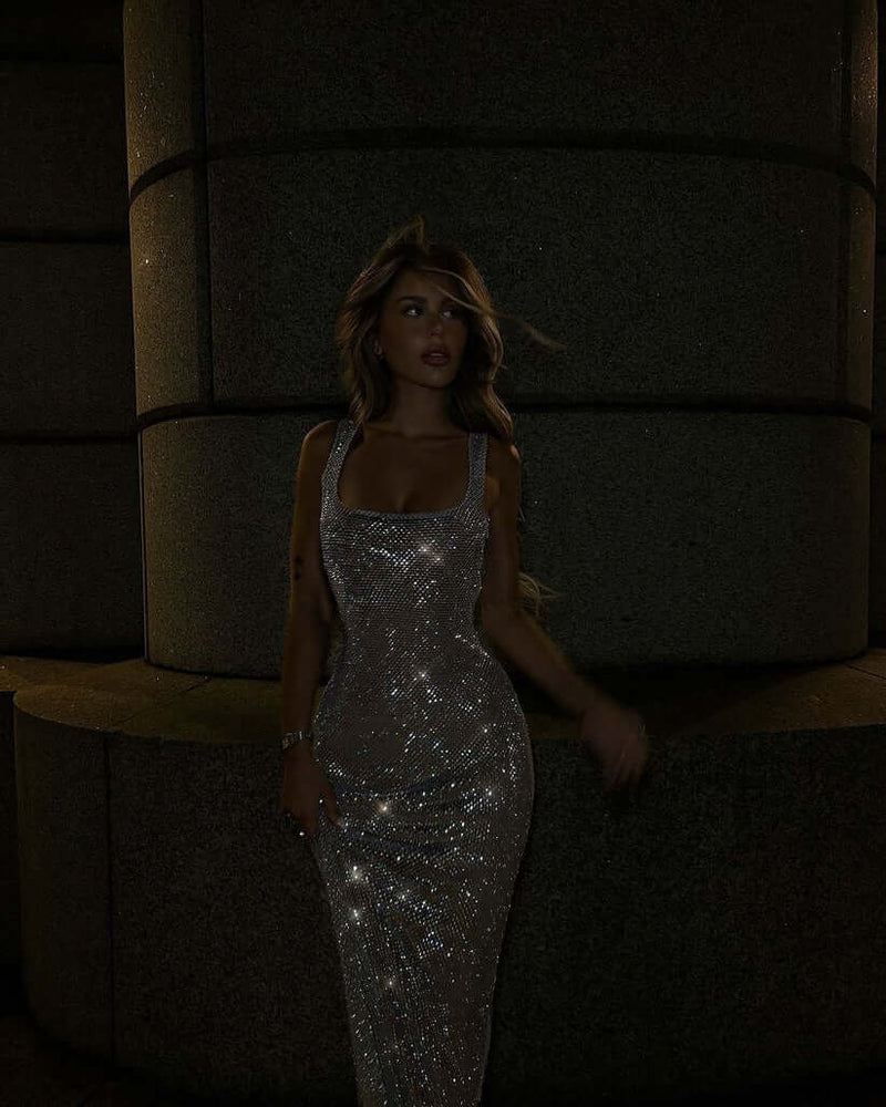 Vestido Midi Todo em Strass Champagne