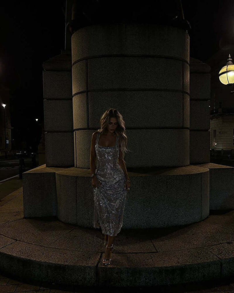 Vestido Midi Todo em Strass Champagne