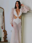 Vestido Longo Rendado Com Mangas Bufantes Off White