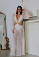 Vestido Longo Rendado Com Mangas Bufantes Off White