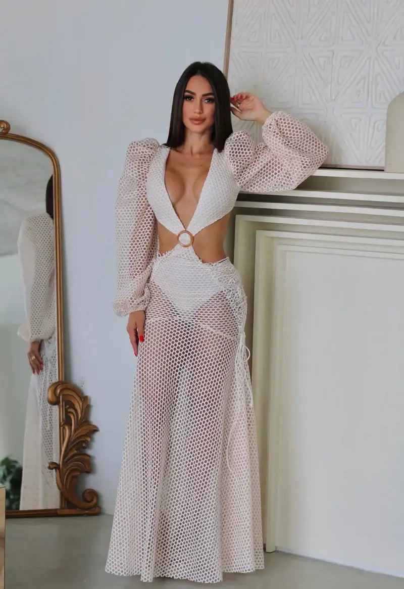 Vestido Longo Rendado Com Mangas Bufantes Off White
