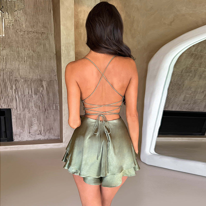 Vestido Curto De Cetim Alça Fina Verde