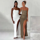 Vestido Longo Um Ombro Só Com Fenda Drapeado