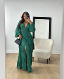 Vestido Longo Manga Longa Gola V Com Babados Rosa