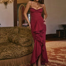 Vestido Longo Assimétrico Em Tule Com Fenda Vinho