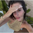 Vestido Curto De Franjas Gola Halter Com Brilho Dourado