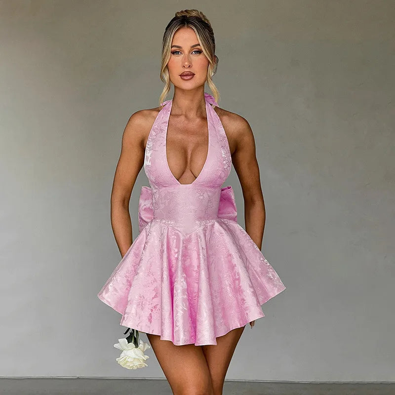 Vestido Curto Rodado Decote V Com Laço Amarelo
