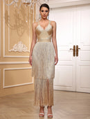 Vestido Longo De Malha Todo Em Franjas Pink