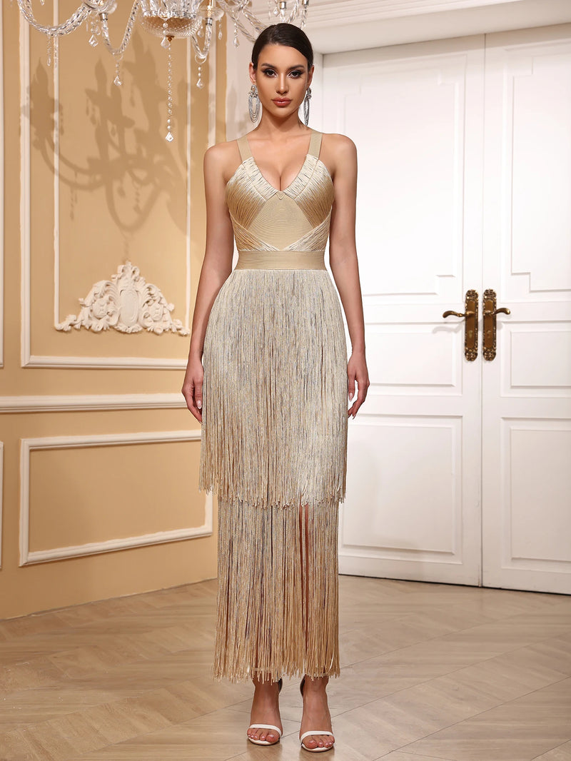 Vestido Longo De Malha Todo Em Franjas Pink