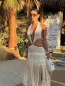 Vestido Longo De Franjas Com Recortes Assimétricos Off White