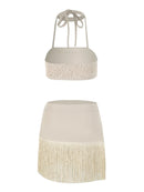 Conjunto 2 Peças Top e Saia Com Franja Bege