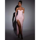 Vestido Longo Em Lurex Brilhoso Com Fenda Rosa