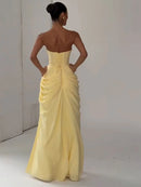 Vestido Longo Tomara Que Caia Com Fenda Drapeado Amarelo
