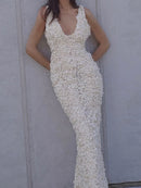 Vestido Longo Com Fenda Flores 3D Off White