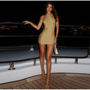 Vestido Curto De Franjas Gola Halter Com Brilho Dourado