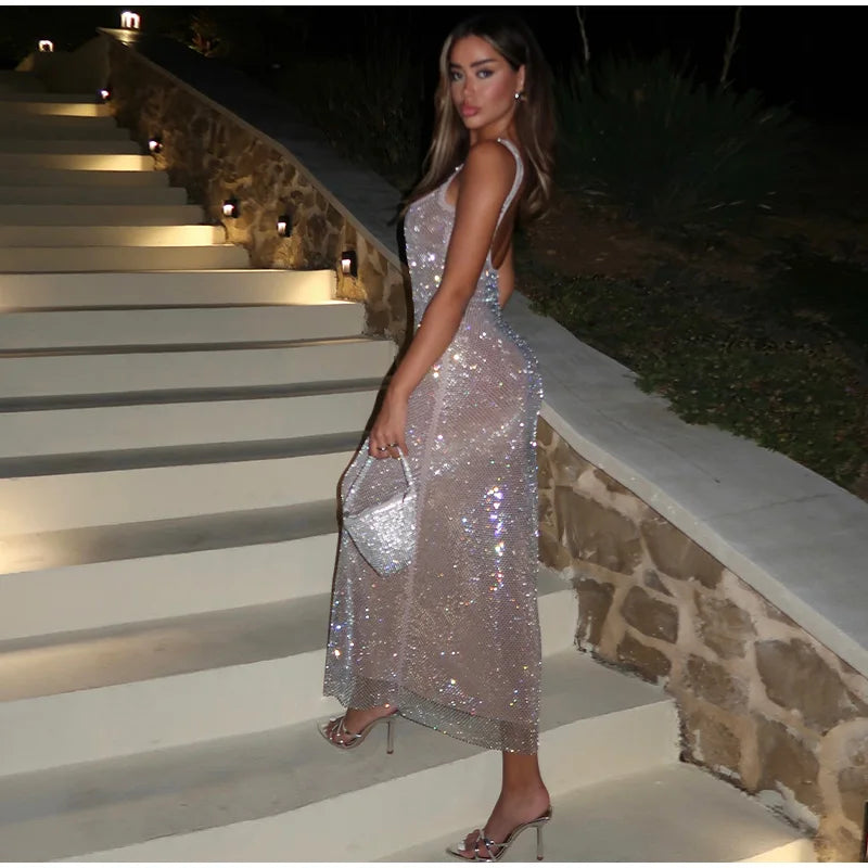 Vestido Midi Todo em Strass Champagne
