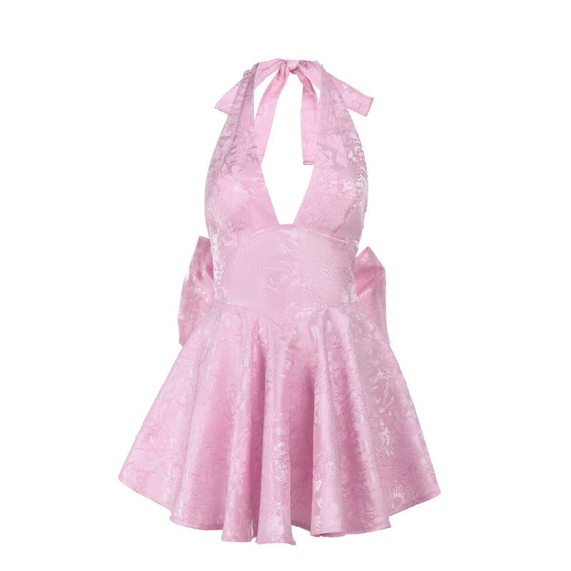 Vestido Curto Rodado Decote V Com Laço Amarelo