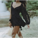 Vestido Curto Em Chiffon Manga Longa Preto