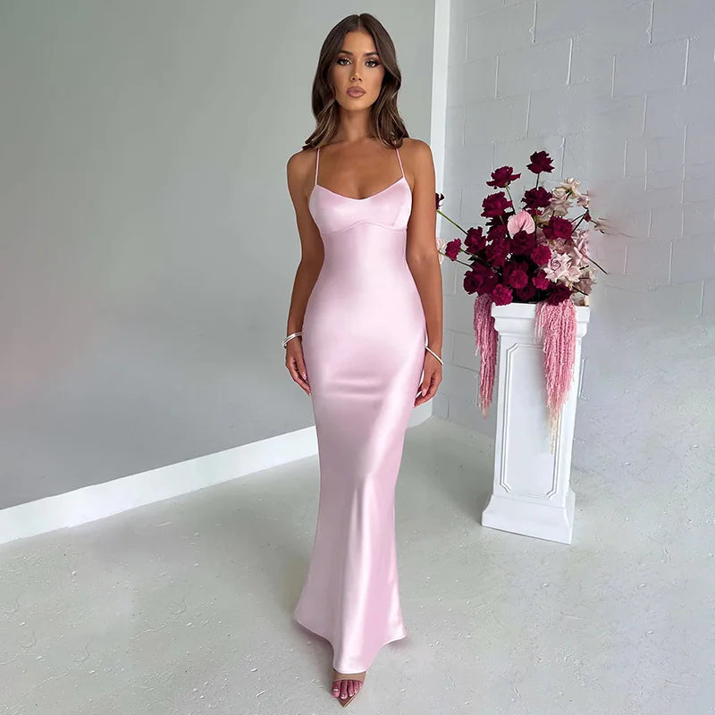 Vestido Longo De Cetim Decote Coração Azul