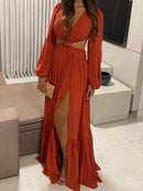 Vestido Longo Manga Longa Com Fenda em Musseline Rosa