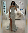 Vestido Longo Todo em Paetês Um Ombro Só Prata