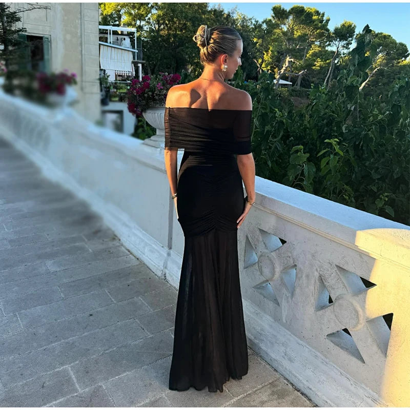Vestido Longo Ombro a Ombro Off White Elegant