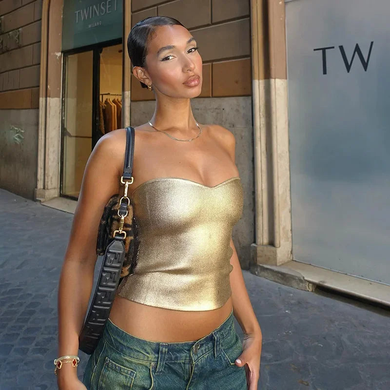 Blusa Curta Tomara Que Caia Metalizada Dourado