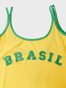 Vestido Curto Com Alça Fina Amarelo Estampa Brasil