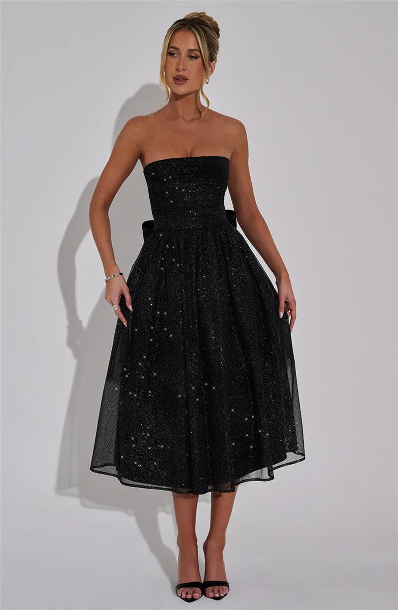 Vestido Midi Rodado Tomara Que Caia Em Lurex Brilhoso Bege