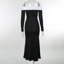 Vestido Longo Ombro a Ombro Com Manga Longa Preto