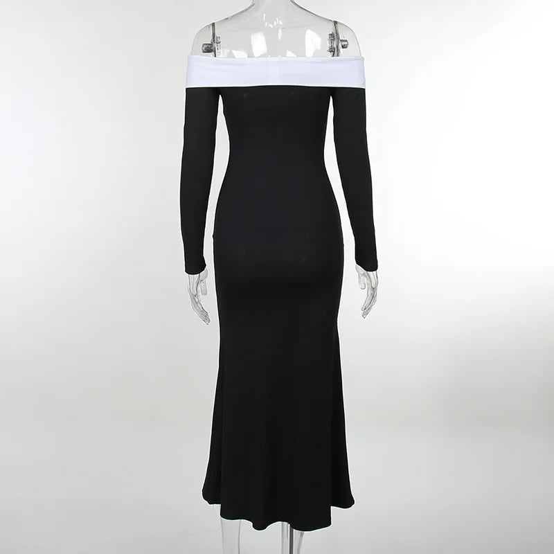 Vestido Longo Ombro a Ombro Com Manga Longa Preto