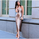 Vestido Midi De Franjas Gola Halter Dourado