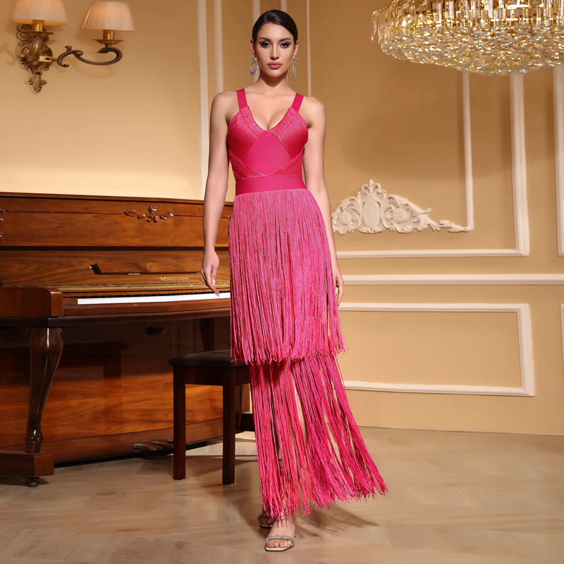 Vestido Longo De Malha Todo Em Franjas Pink