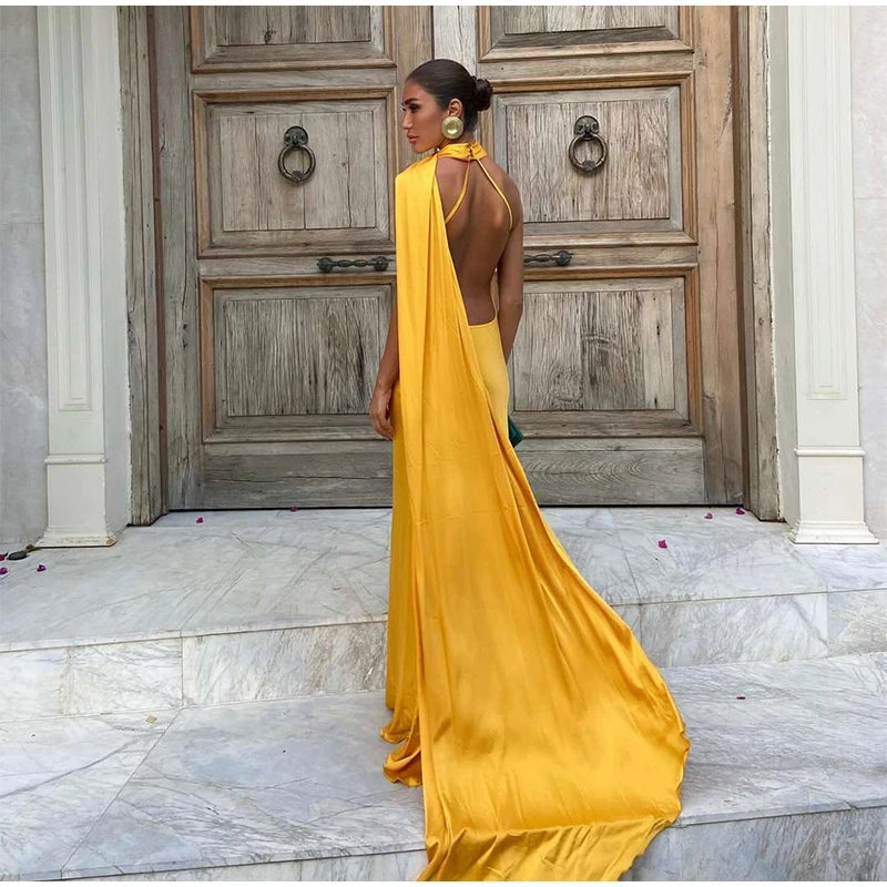 Vestido Longo Cetim Um Ombro Só Com Amarração No Pescoço Amarelo
