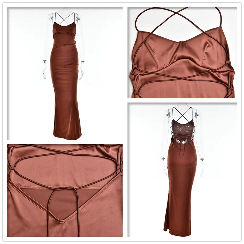 Vestido Longo De Cetim Decote Coração Marrom