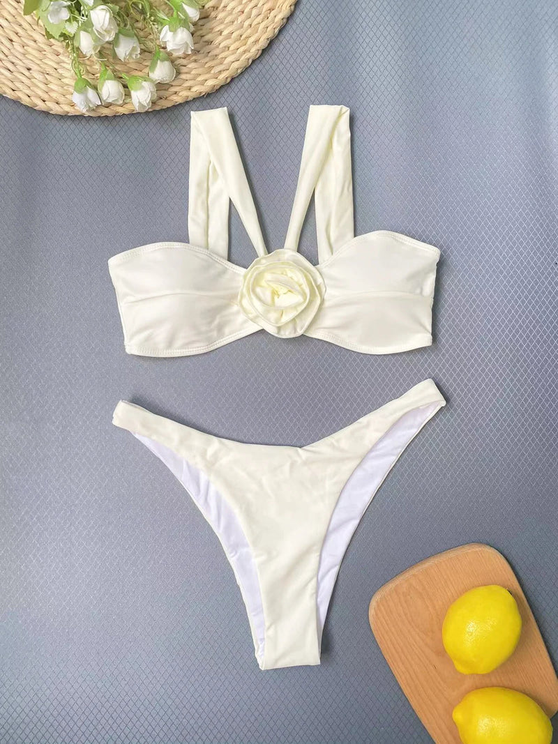 Conjunto 3 Peças De Biquíni + Saia Flores 3D