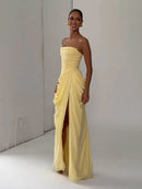 Vestido Longo Tomara Que Caia Com Fenda Drapeado Amarelo