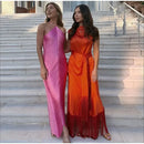 Vestido Midi De Franjas Gola Halter Dourado