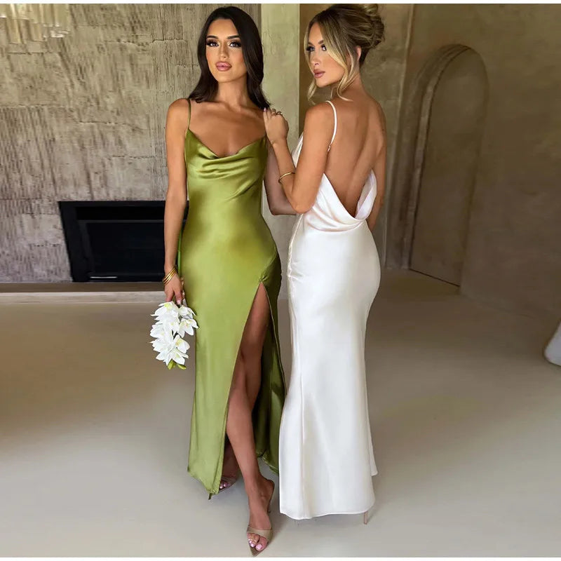 Vestido Longo Com Fenda De Cetim Verde