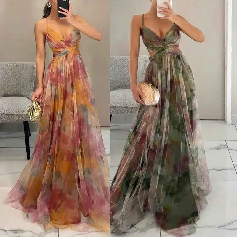 Vestido Longo Em Tule Com Alça Fina Estampa Floral Verde