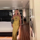 Vestido Longo Em Cetim Com Amarração No Pescoço Amarelo