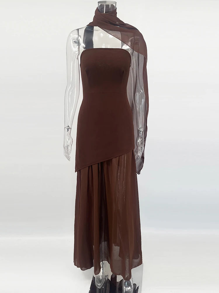 Vestido Longo Tomara Que Caia Assimétrico Sobreposto Marrom