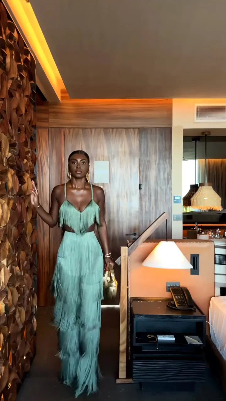 Conjunto 2 Peças Todo Em Franjas Top + Calça Verde