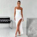 Vestido Longo Um Ombro Só Com Fenda Drapeado