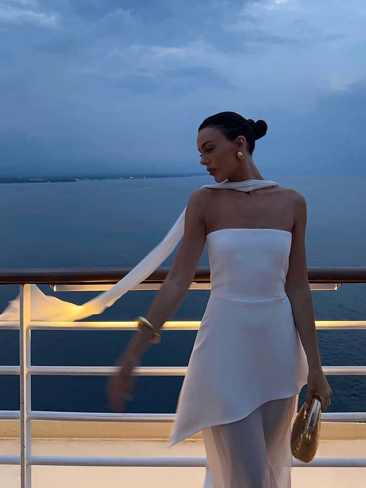 Vestido Longo Tomara Que Caia Assimétrico Sobreposto Marrom