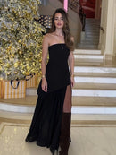 Vestido Longo Tomara Que Caia Assimétrico Sobreposto Marrom