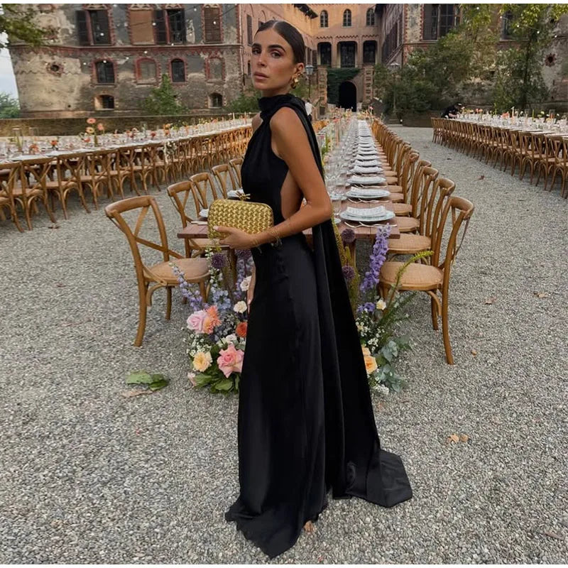 Vestido Longo Cetim Um Ombro Só Com Amarração No Pescoço Amarelo