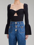 Blusa De Malha Premium Decote Borboleta Manga Longa Com Babados Preto