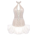 Vestido Curto Gola Halter Todo em Pedrarias com Babados